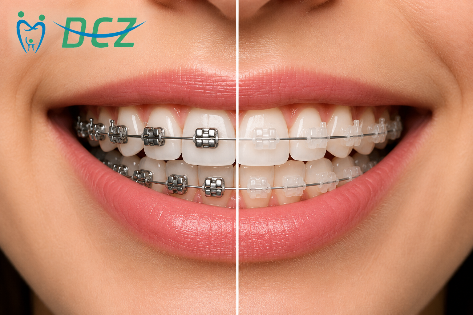Comparison of ceramic braces and metal braces with DCZ Dental Comfort Zone logo