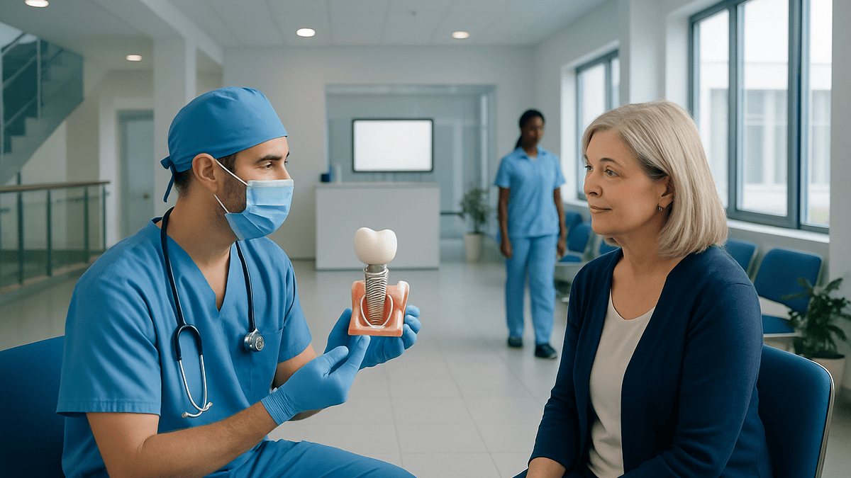 Dentist placing a custom crown on a dental implant in Patna