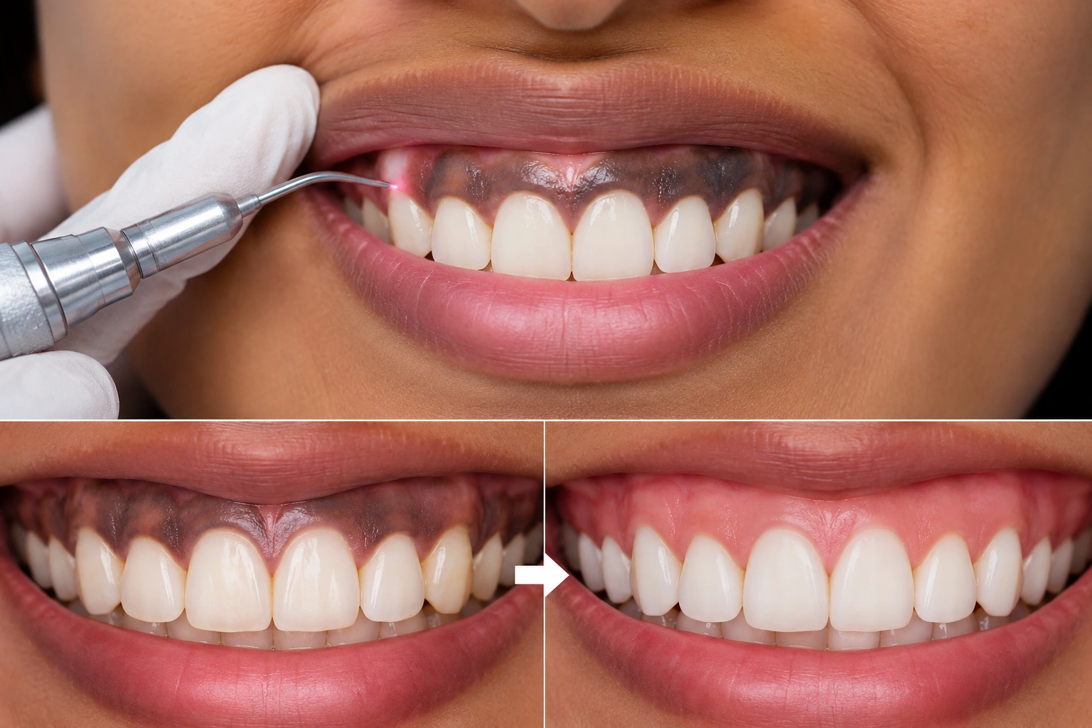 Close-up before-and-after dark gum bleaching treatment with pink healthy gums