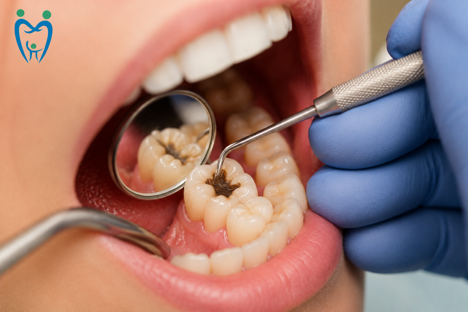 Dentist carefully removing tooth decay from a molar during dental filling treatment.