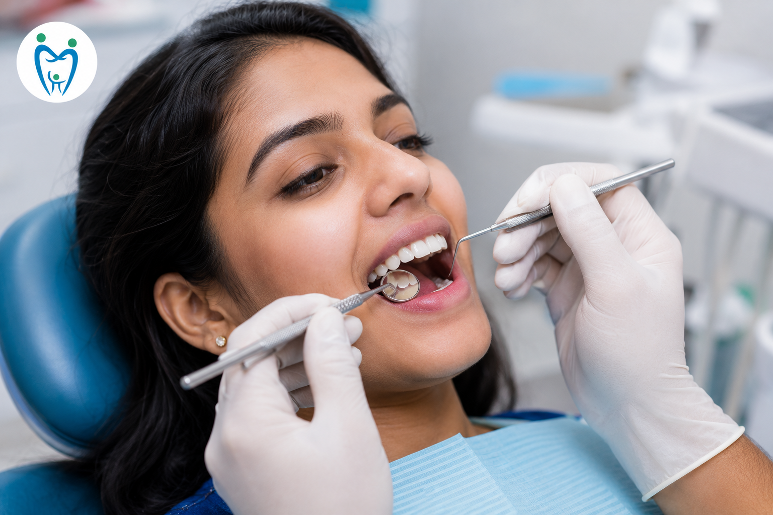 Dentist checking a patient's teeth and bite alignment during a dental examination.
