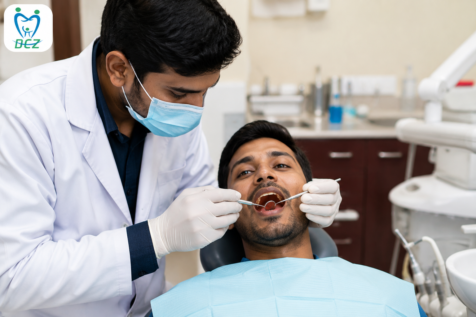 Indian dentist examining a patient's teeth during a routine dental examination in a modern dental clinic.