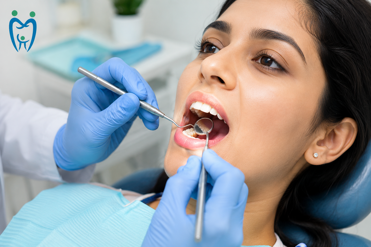 Dentist examining a patient's teeth during a dental filling treatment in a modern dental clinic.