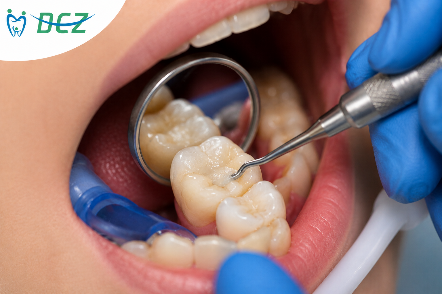 Dentist placing a tooth-colored filling in a molar using dental instruments.