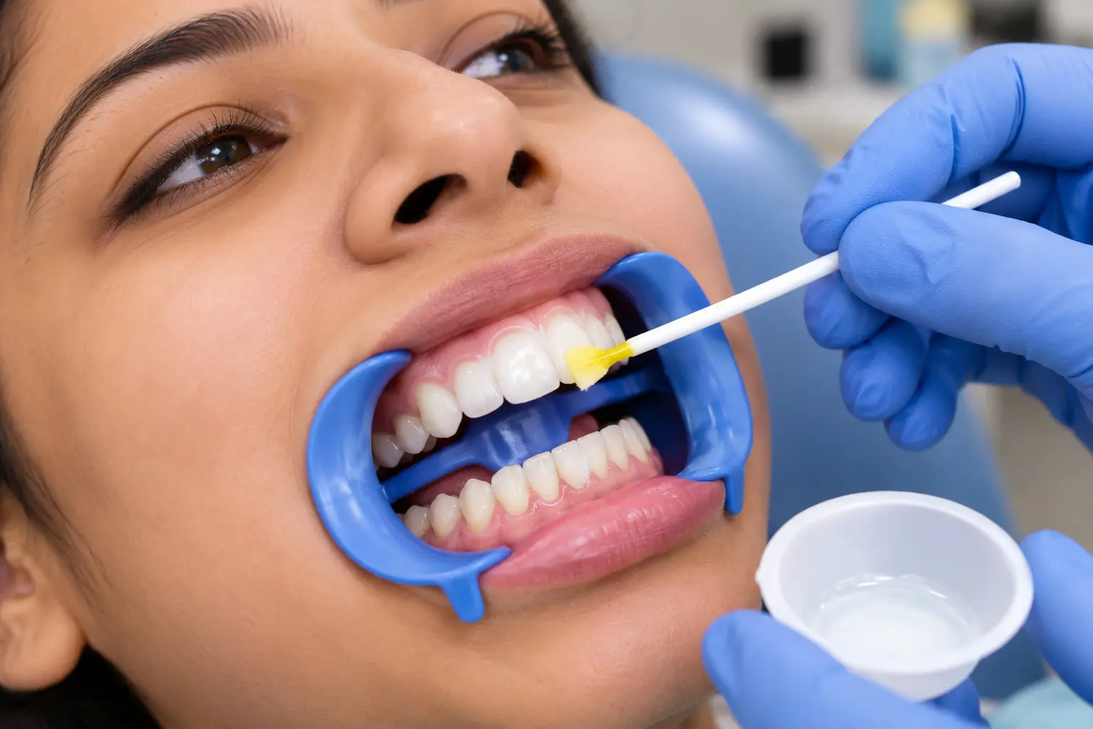 Fluoride treatment applied after teeth cleaning to reduce sensitivity