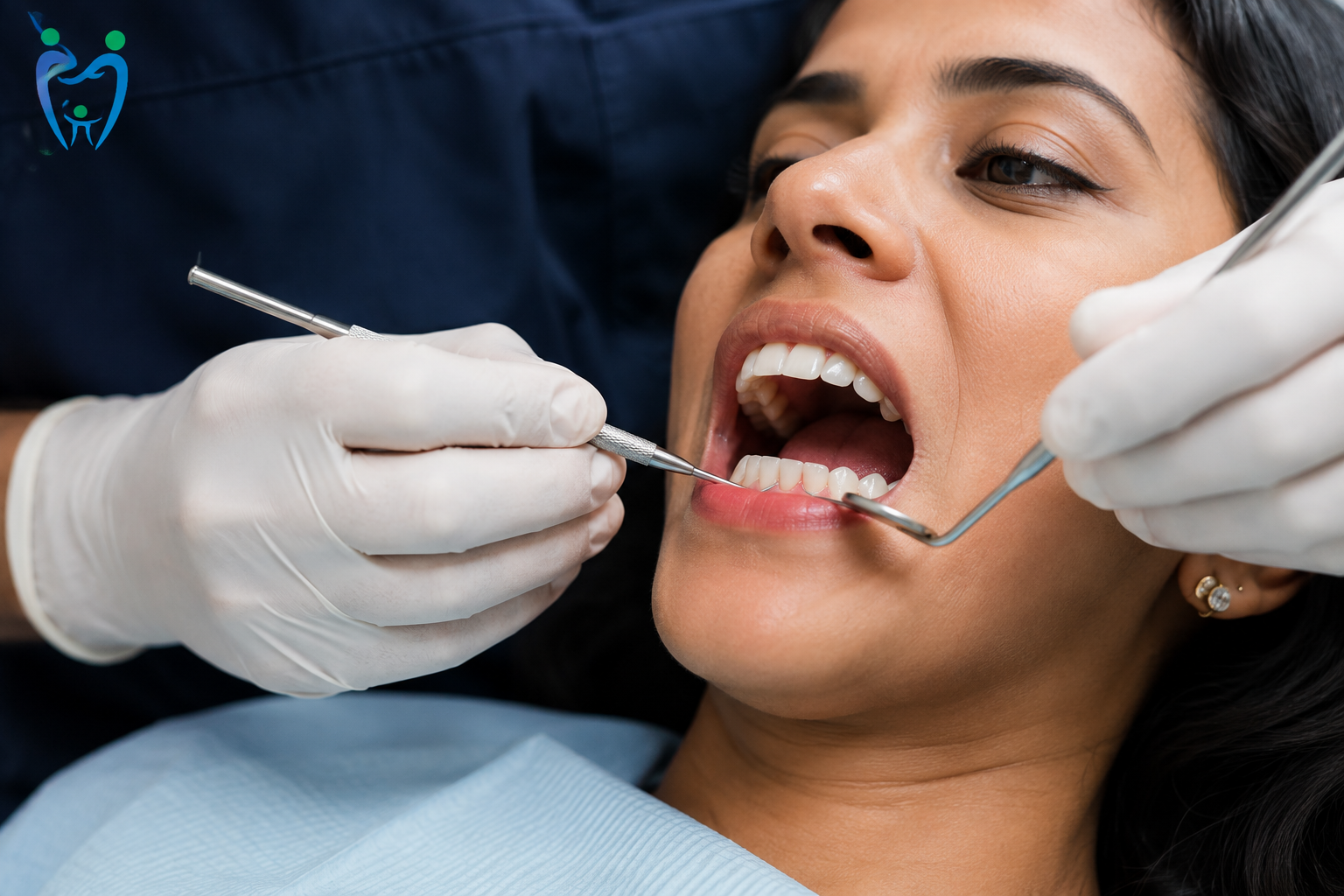 Dentist examining a patient’s teeth and gums during a gum disease treatment consultation.