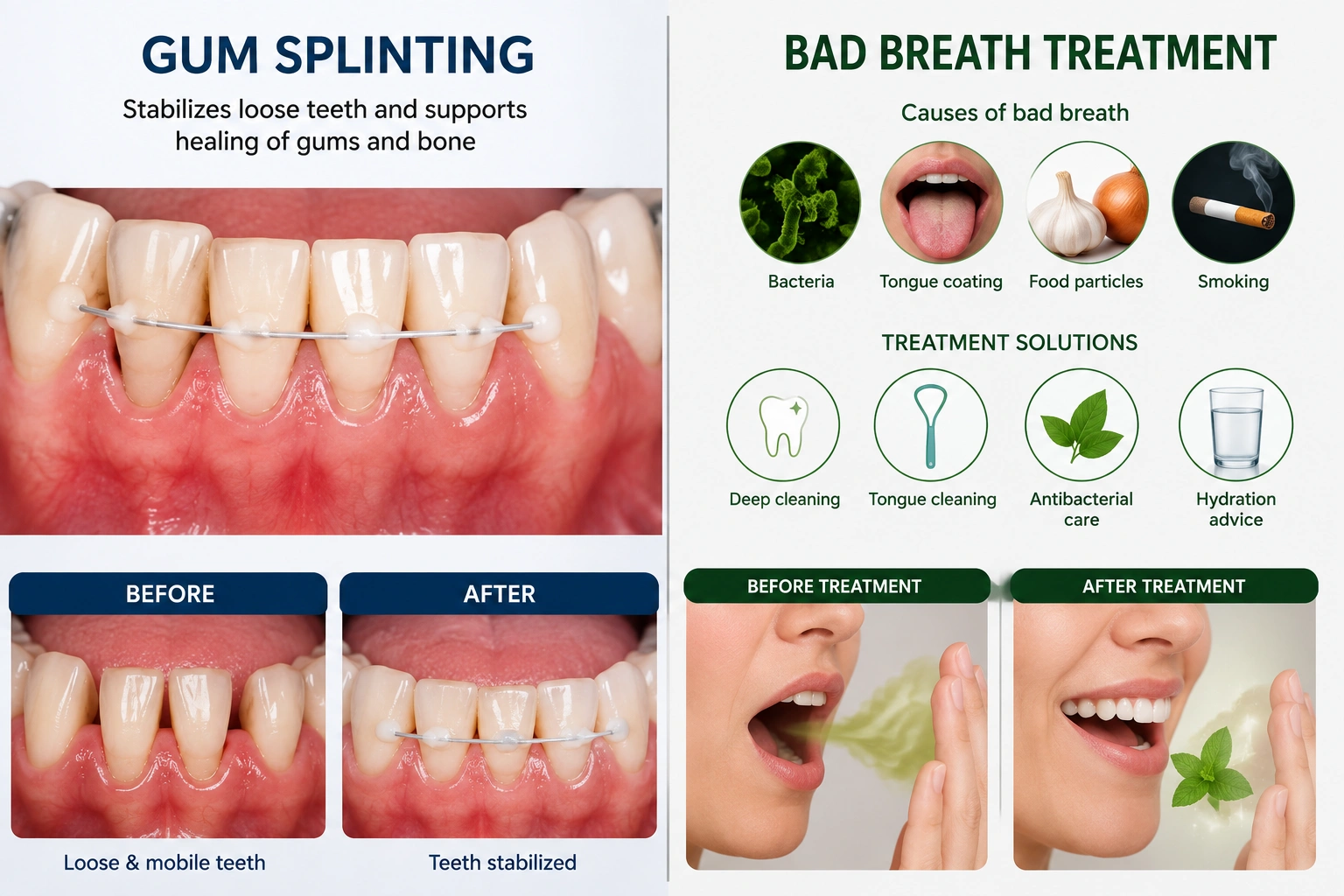 Gum splinting and bad breath treatment illustration