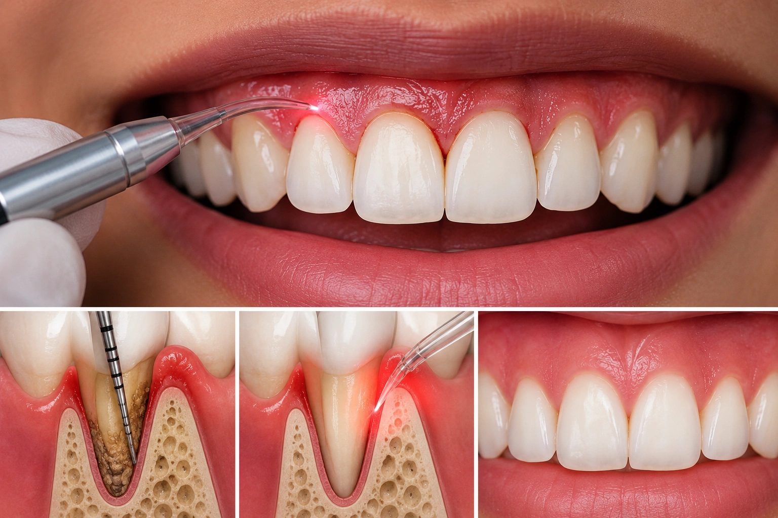 Close-up of LANAP laser gum treatment with periodontal pocket cleaning and healthy pink gums