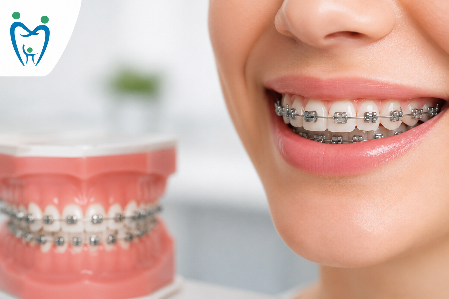 Patient smiling with metal braces beside a dental model, representing metal braces orthodontic treatment at Patna Dental Care.