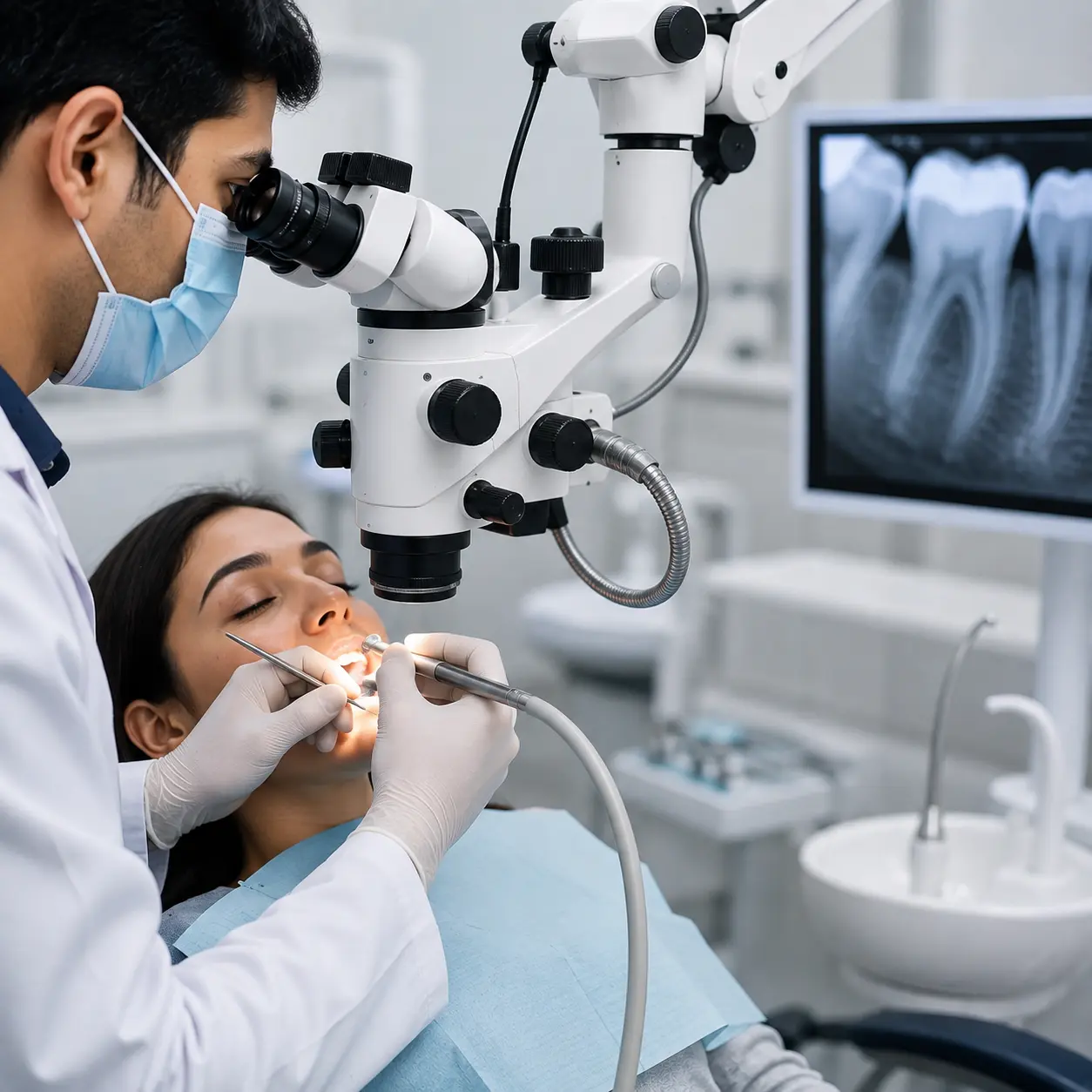 Microscopic root canal treatment in a modern dental clinic