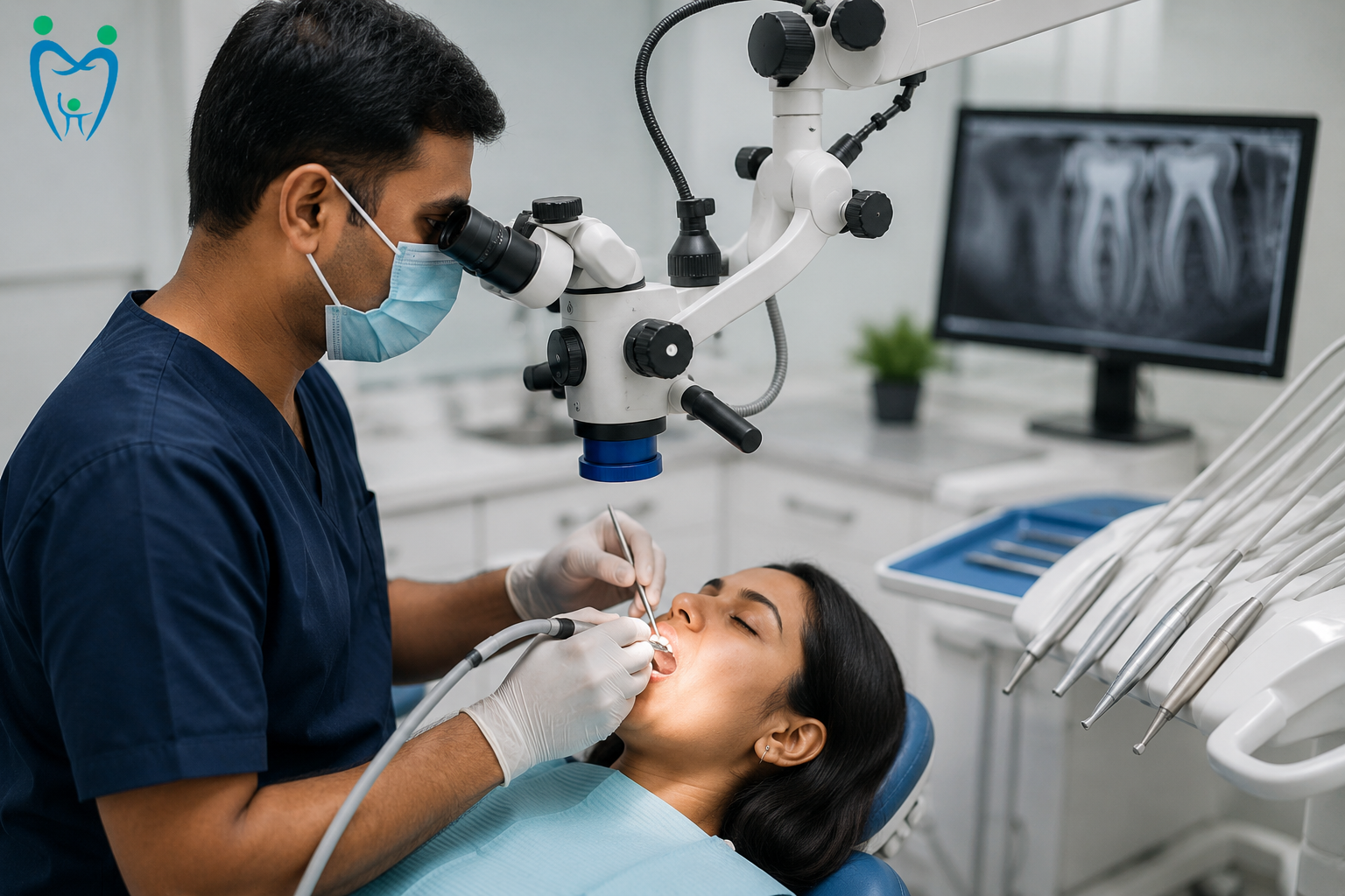 Dentist providing painless root canal treatment to a patient using modern dental equipment