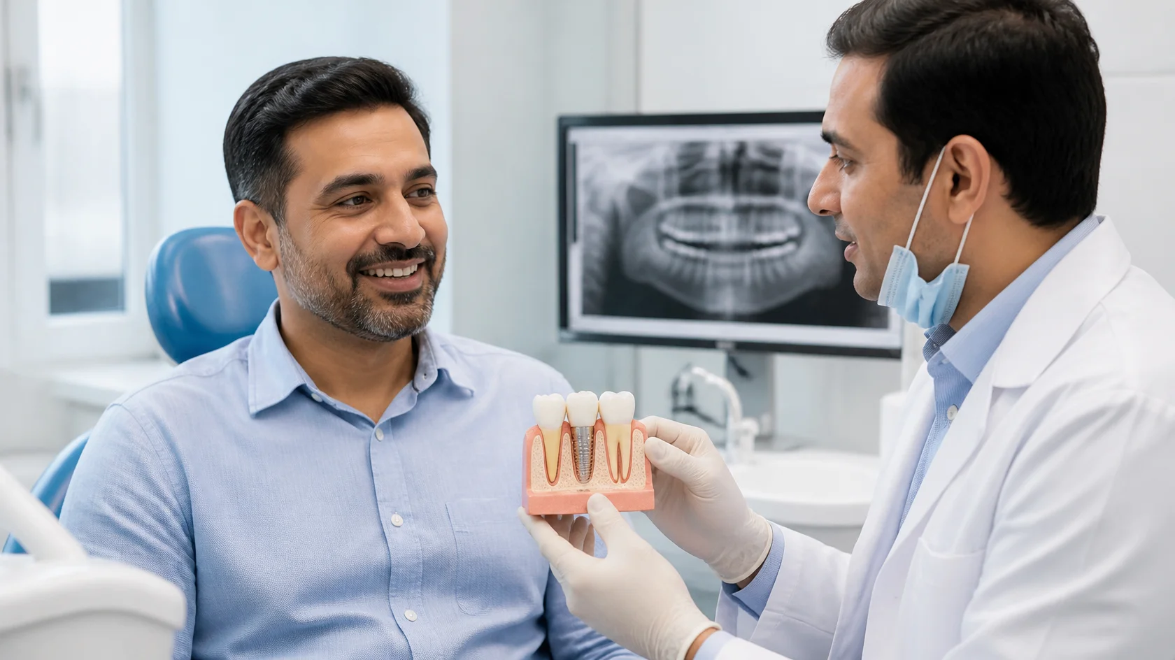 Dentist explaining permanent dental implant treatment to a patient at a modern dental clinic.