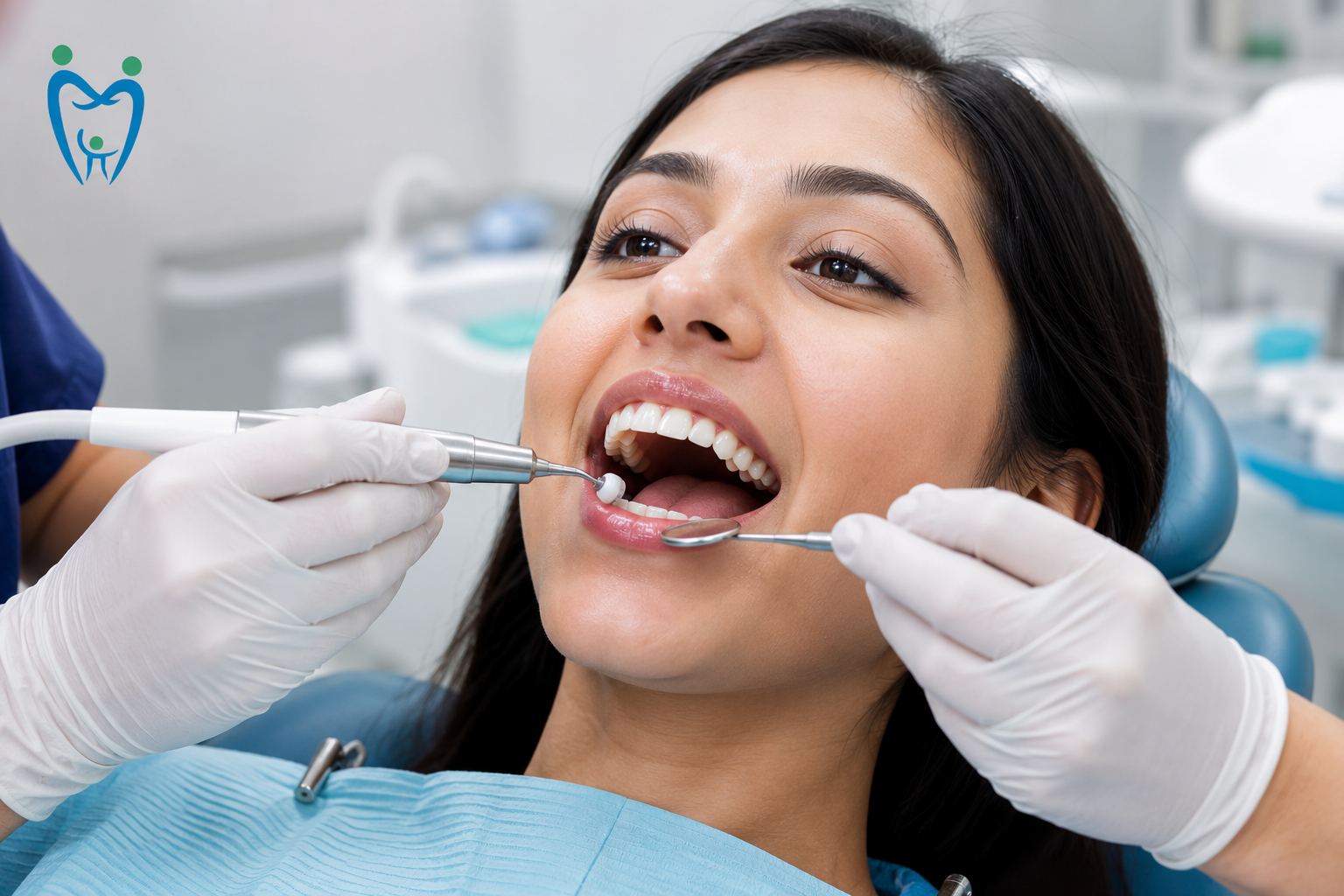 Dentist performing professional teeth cleaning on a patient using dental instruments in a modern clinic.