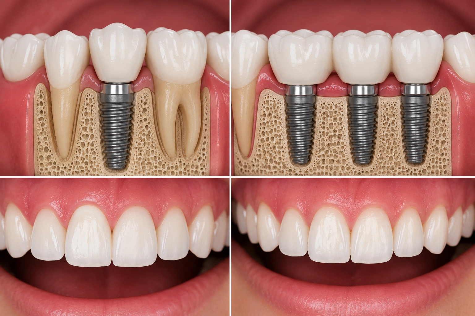 Single and multiple tooth dental implants illustration.