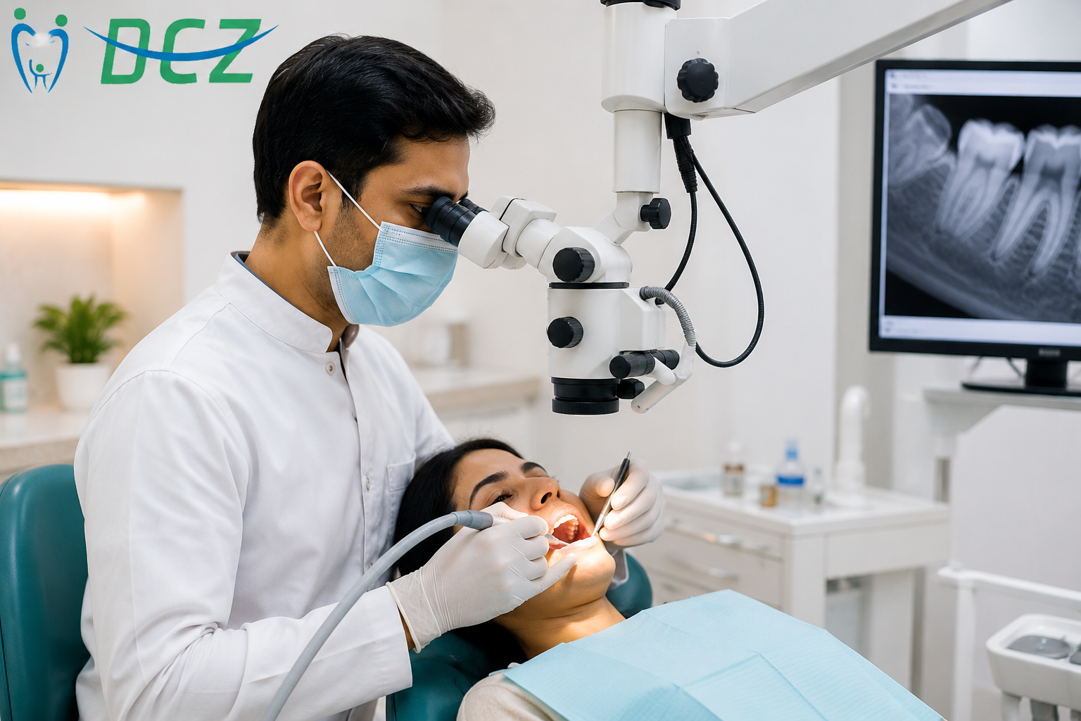 Dentist performing single sitting root canal treatment on a patient in a modern dental clinic