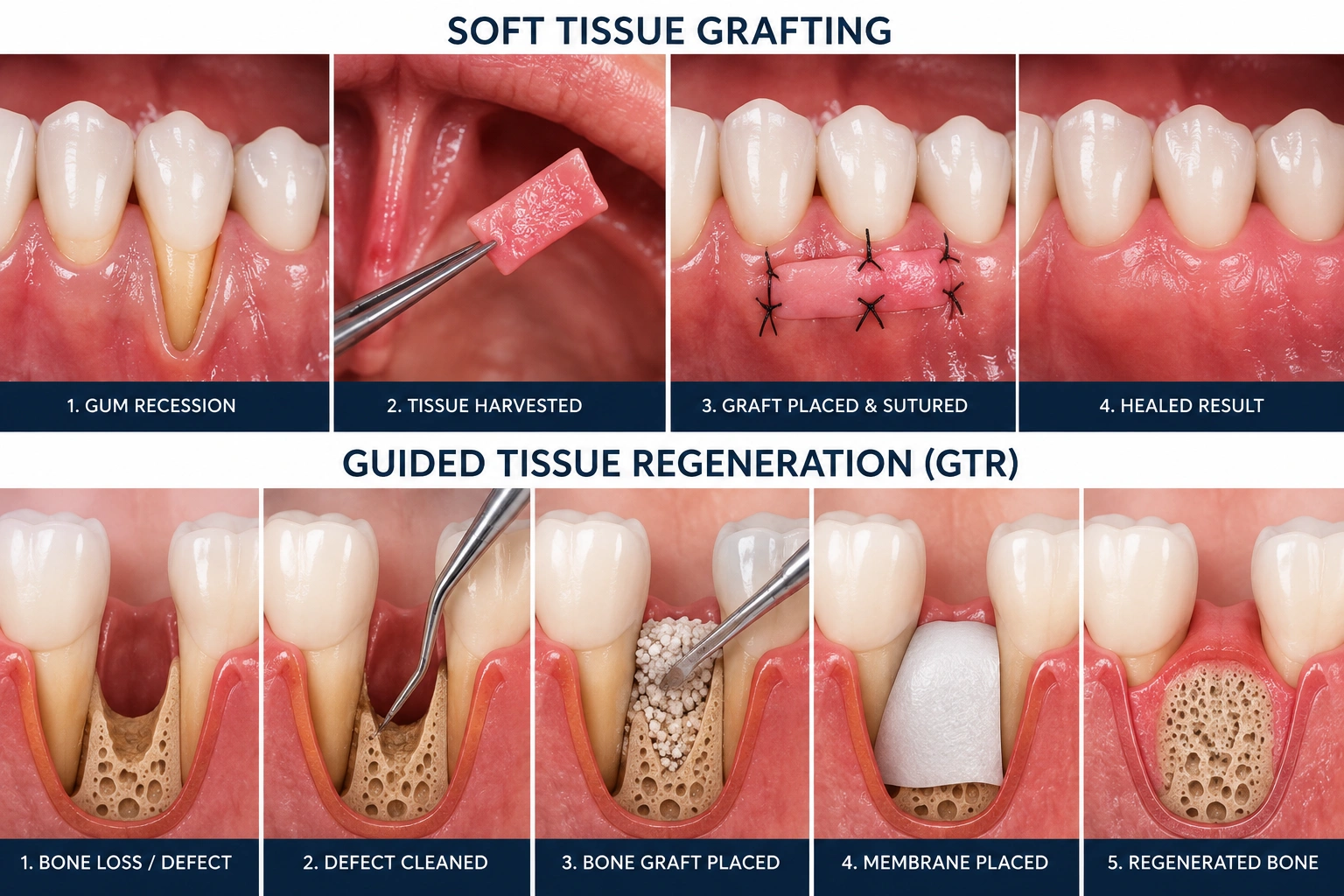 Dental illustration of soft tissue grafting and guided tissue regeneration (GTR) procedures