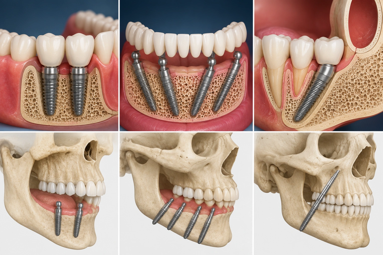 Strategic, basal, and cortical dental implants illustration.