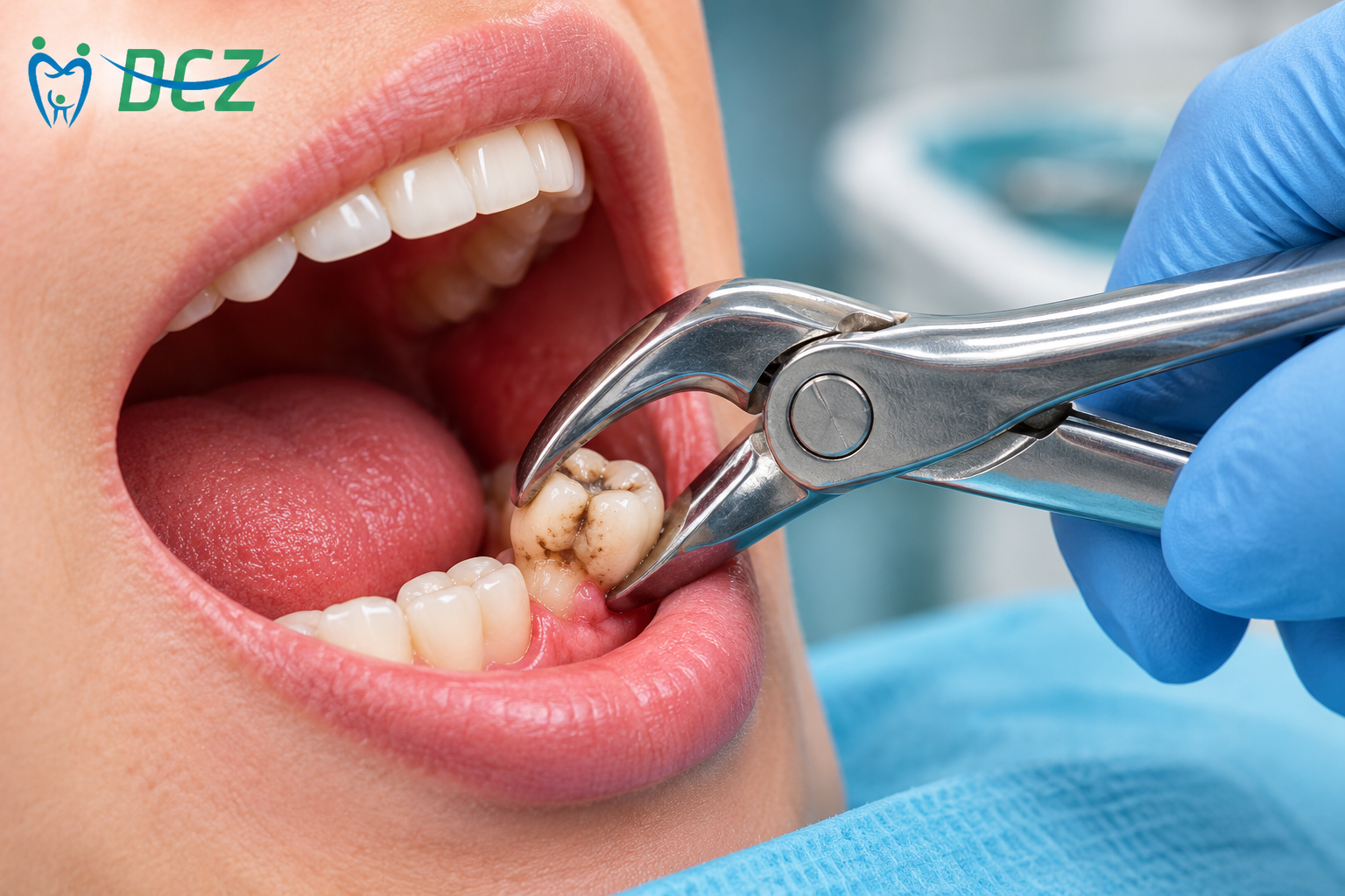 Dentist performing a tooth extraction using dental forceps on a damaged molar tooth.