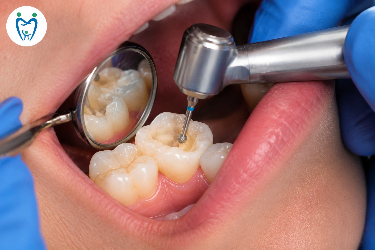 Dentist preparing a decayed molar tooth for a dental filling using a dental handpiece and mirror.